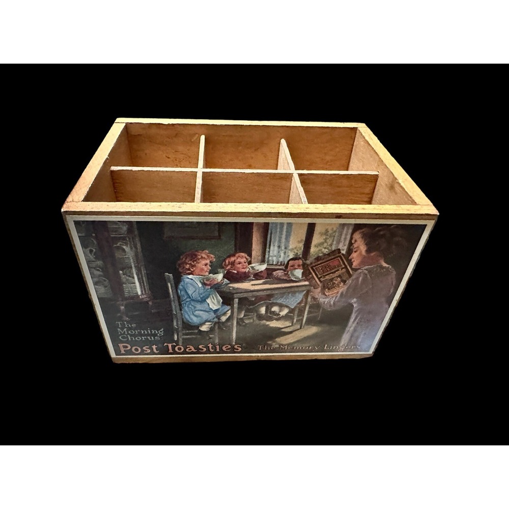 VTG Bristol Craft Post Toasties Corn Flakes Cereal Decor Divided Wood Box 1970's